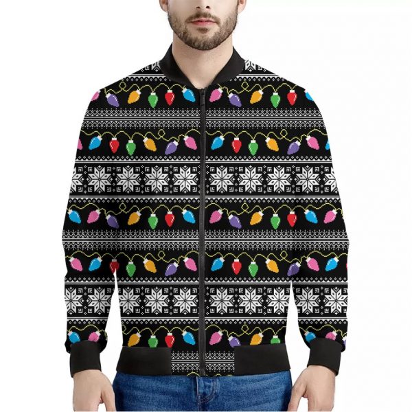Christmas Tree Lights Print Bomber Jacket