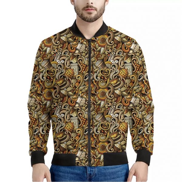 Coffee Drawing Pattern Print Bomber Jacket