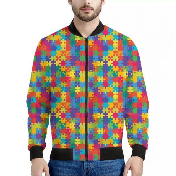 Colorful Autism Awareness Jigsaw Print Bomber Jacket