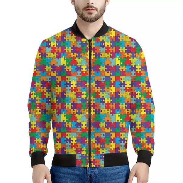 Colorful Autism Awareness Puzzle Print Bomber Jacket
