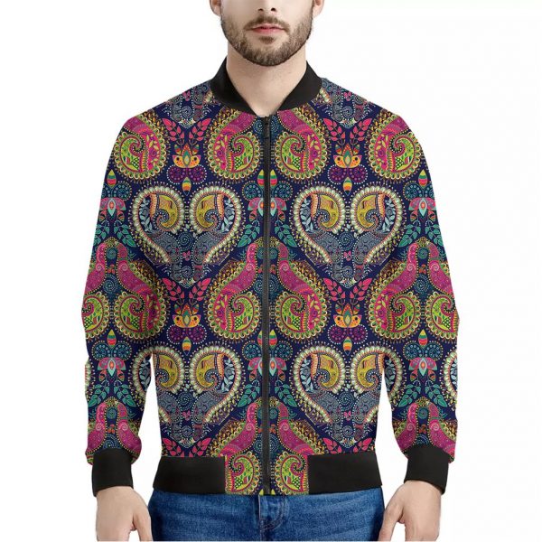 Colorful Boho Paisley Pattern Print Bomber Jacket