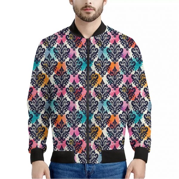 Colorful Damask Pattern Print Bomber Jacket