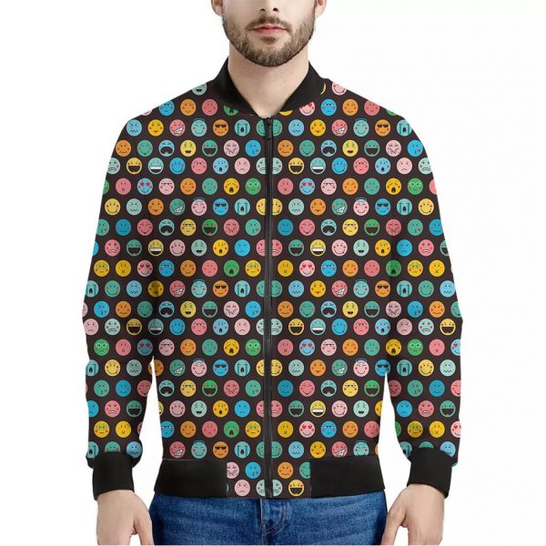 Colorful Emoji Faces Pattern Print Bomber Jacket