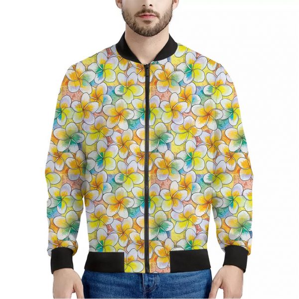 Colorful Frangipani Pattern Print Bomber Jacket