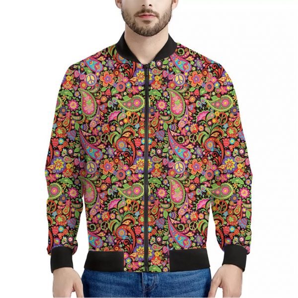 Colorful Hippie Peace Signs Print Bomber Jacket