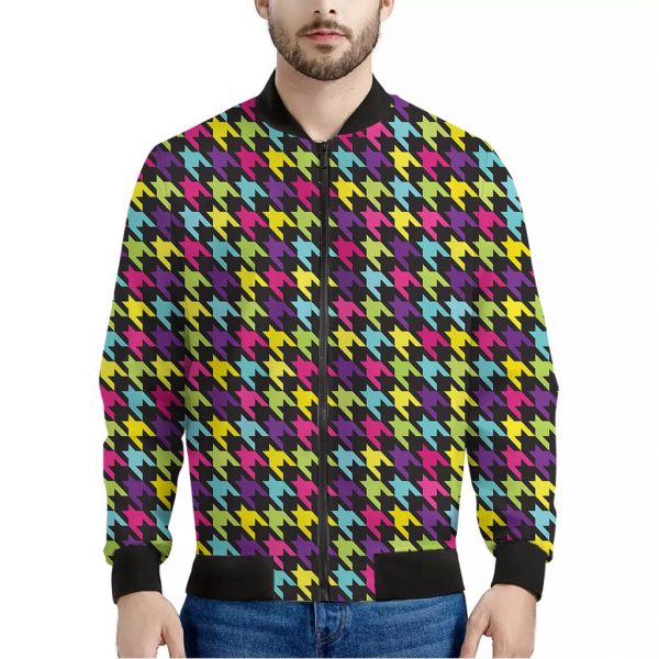 Colorful Houndstooth Pattern Print Bomber Jacket