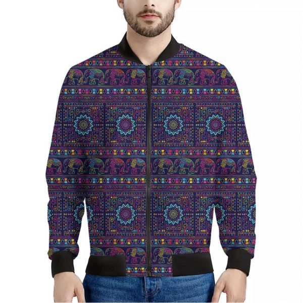 Colorful Indian Elephant Pattern Print Bomber Jacket