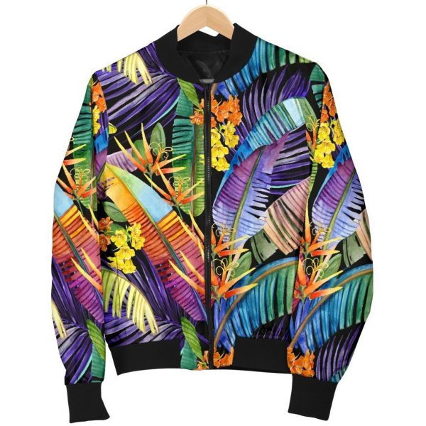Colorful Leaves Tropical Pattern Print Bomber Jacket