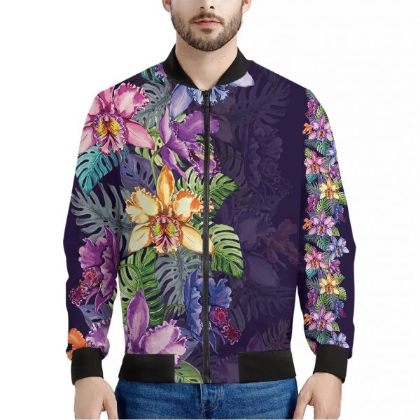 Colorful Watercolor Cattleya Print Bomber Jacket