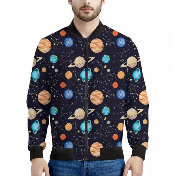Constellations And Planets Pattern Print Bomber Jacket
