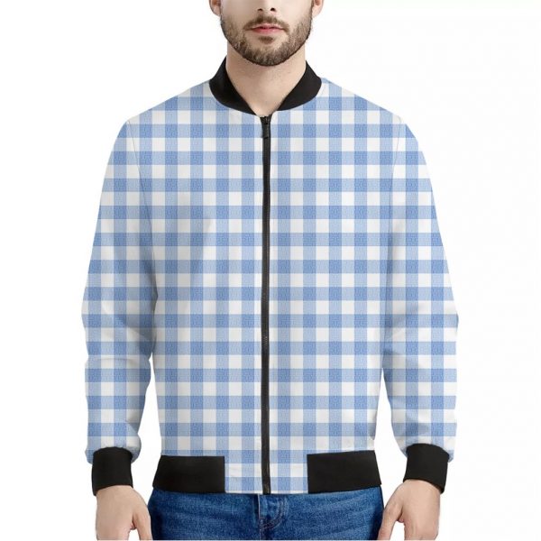 Cornflower Blue And White Gingham Print Bomber Jacket