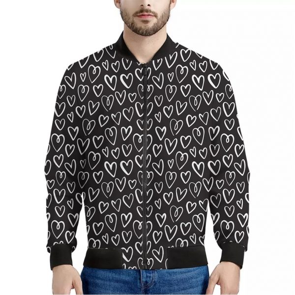 Cute Black And White Heart Pattern Print Bomber Jacket