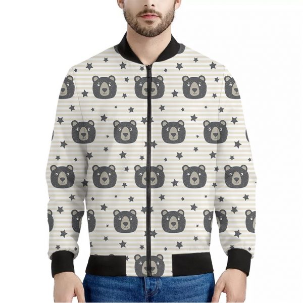 Cute Black Bear Pattern Print Bomber Jacket