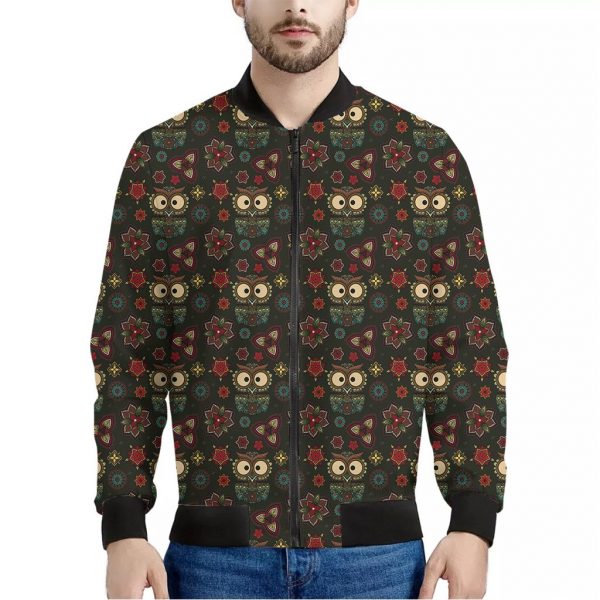 Cute Boho Owl Pattern Print Bomber Jacket
