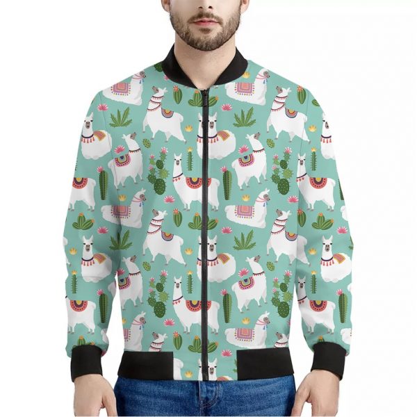 Cute Cactus And Llama Pattern Print Bomber Jacket