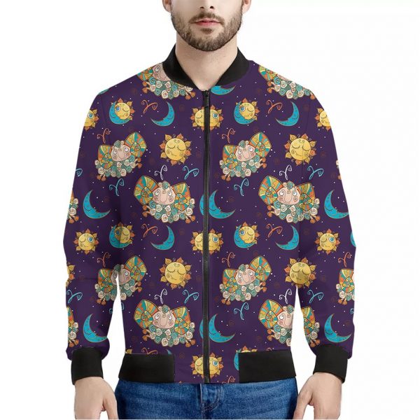 Cute Cartoon Aries Pattern Print Bomber Jacket