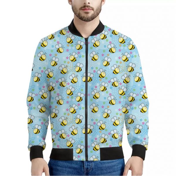 Cute Cartoon Bee Pattern Print Bomber Jacket