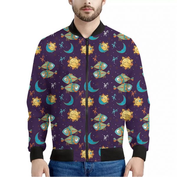 Cute Cartoon Pisces Pattern Print Bomber Jacket