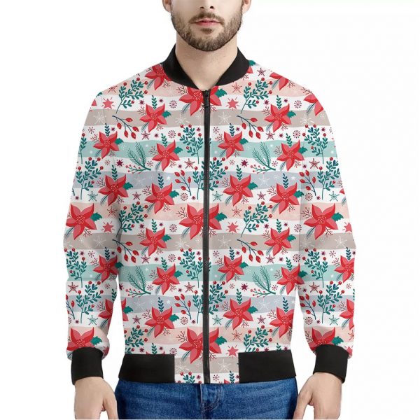 Cute Christmas Poinsettia Pattern Print Bomber Jacket