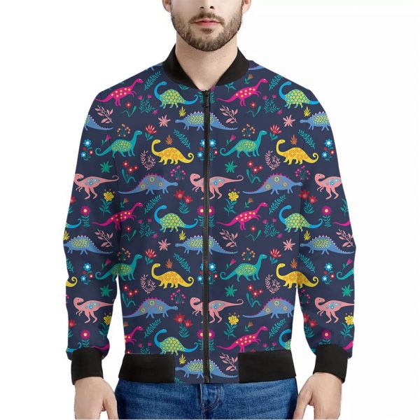 Cute Dino Floral Pattern Print Bomber Jacket