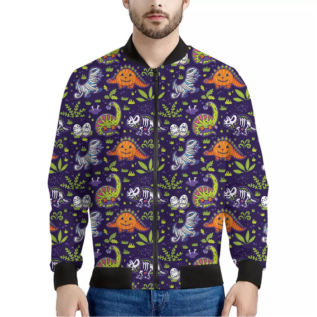 Cute-Dino-Halloween-Pattern-Print-Bomber-Jacket Cute Dino Halloween Pattern Print Bomber Jacket