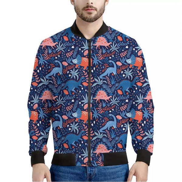 Cute Dino Leaves And Flowers Print Bomber Jacket