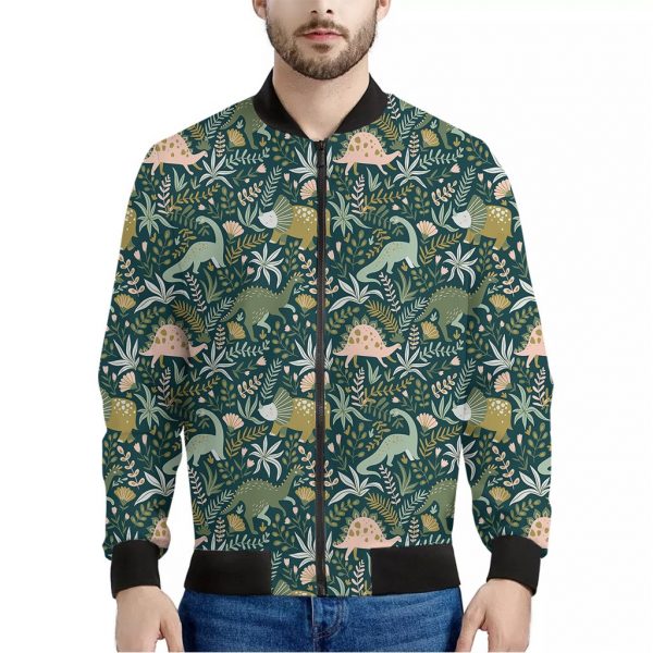 Cute Dino Tropical Leaves Pattern Print Bomber Jacket