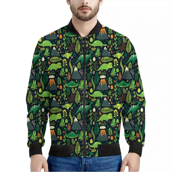Cute Dinosaur And Floral Pattern Print Bomber Jacket