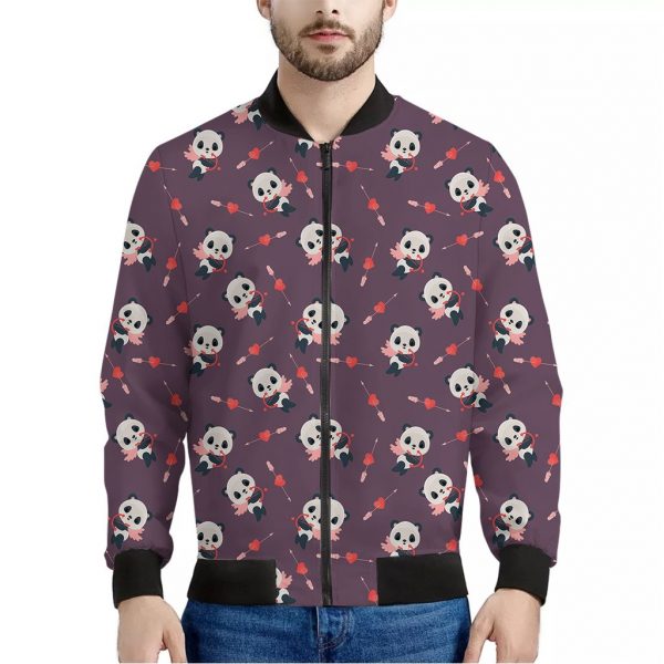 Cute Panda Cupid Valentine Pattern Print Bomber Jacket
