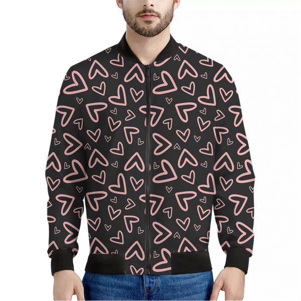 Cute Pink Heart Pattern Print Bomber Jacket