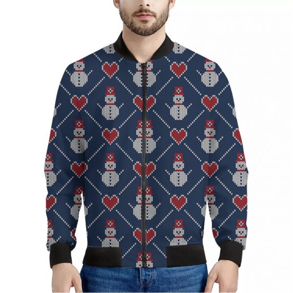 Cute Snowman Knitted Pattern Print Bomber Jacket