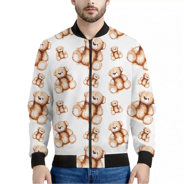 Cute Teddy Bear Pattern Print Bomber Jacket