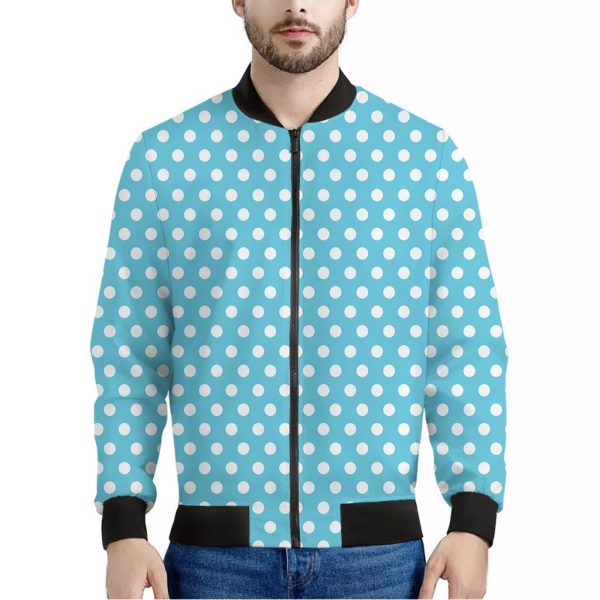 Cyan And White Polka Dot Pattern Print Bomber Jacket