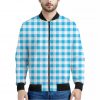 Cyan Blue And White Gingham Print Bomber Jacket