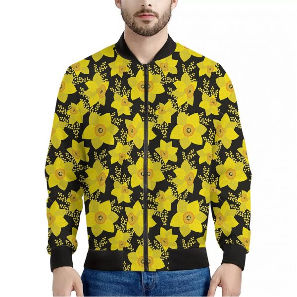 Daffodil And Mimosa Pattern Print Bomber Jacket