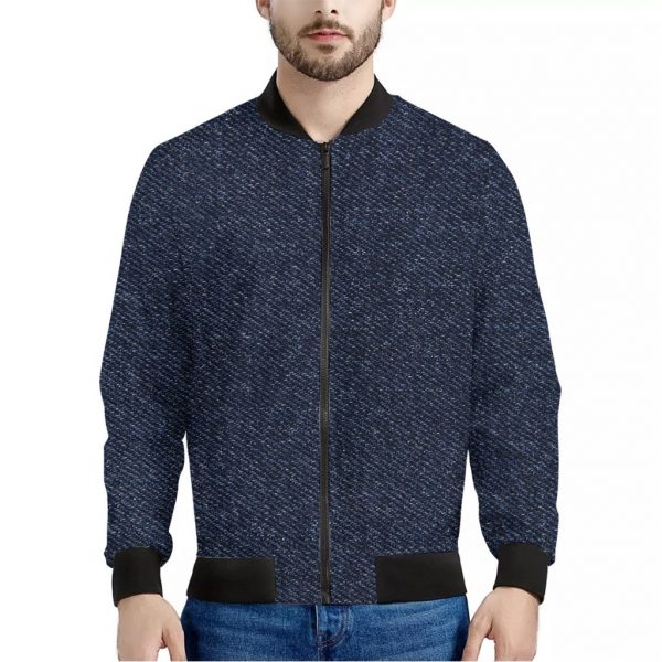 Dark Blue Denim Jeans Print Bomber Jacket
