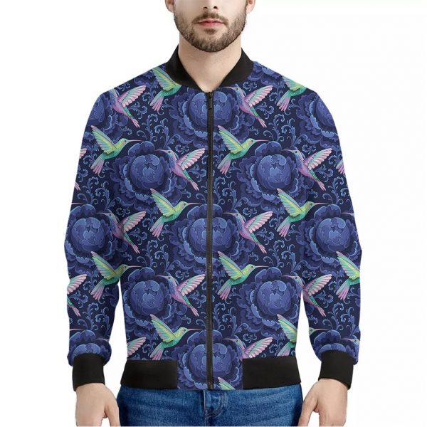 Dark Blue Floral Hummingbird Print Bomber Jacket