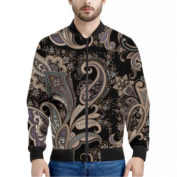 Dark Brown Paisley Pattern Print Bomber Jacket