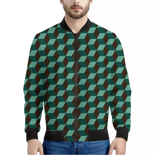 Dark Green Geometric Cube Pattern Print Bomber Jacket