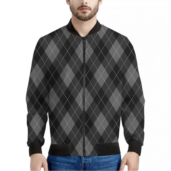 Dark Grey Argyle Pattern Print Bomber Jacket