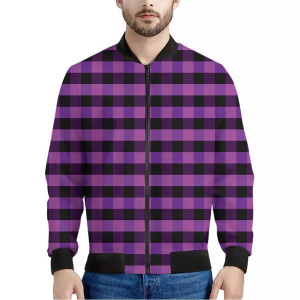 Dark Purple Check Pattern Print Bomber Jacket