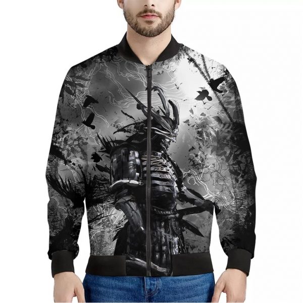 Dark Samurai Warrior Print Bomber Jacket