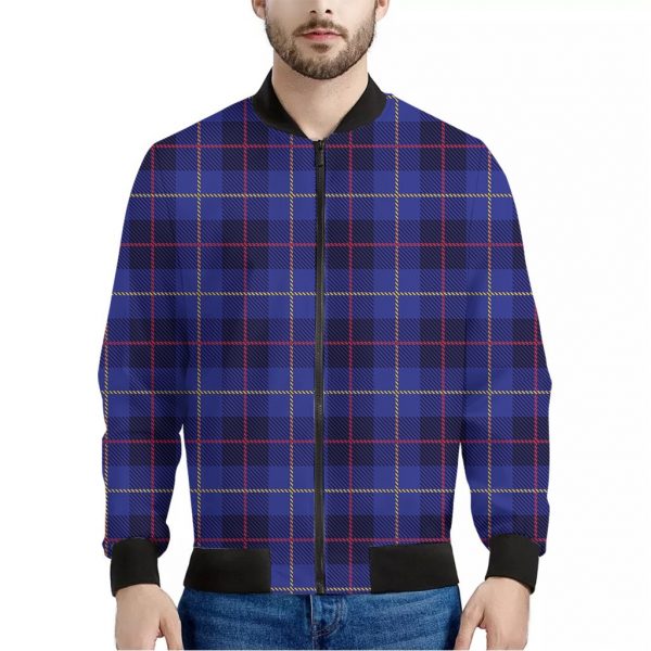 Deep Blue Stewart Tartan Print Bomber Jacket