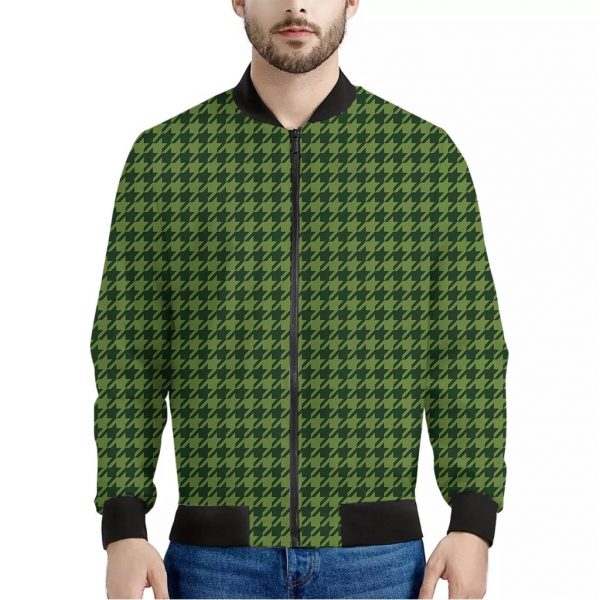 Deep Green Houndstooth Pattern Print Bomber Jacket