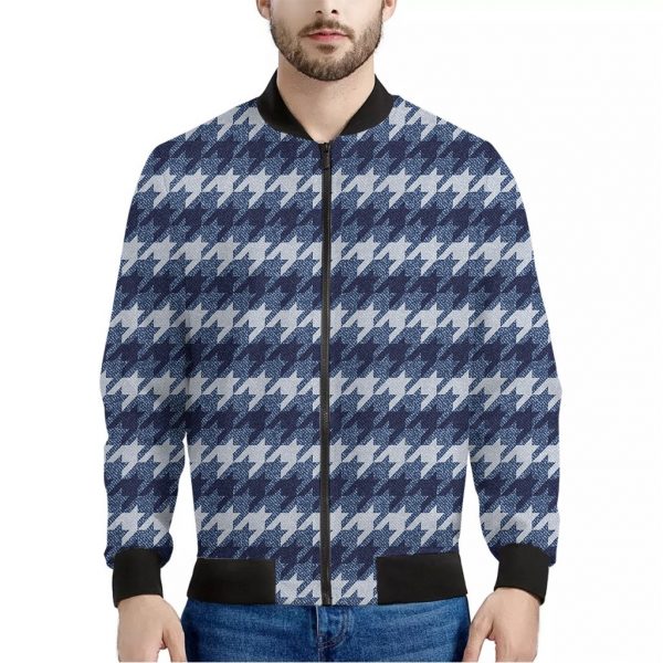 Denim Houndstooth Pattern Print Bomber Jacket