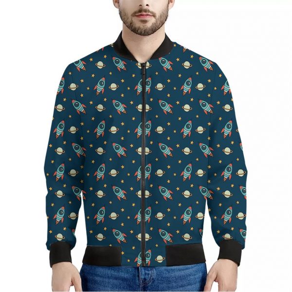 Doodle Rocket Pattern Print Bomber Jacket