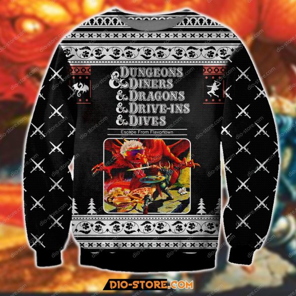 Dungeons & Diners & Dragons & Drive-Ins & Dives 3D Print Ugly Christmas Sweatshirt