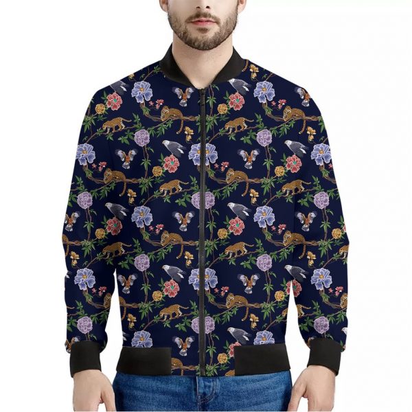 Eagle And Jaguar Pattern Print Bomber Jacket