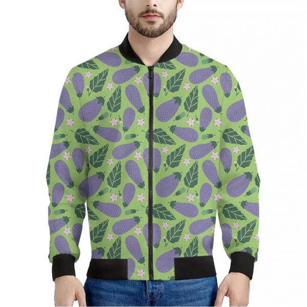 Eggplant With Leaves And Flowers Print Bomber Jacket