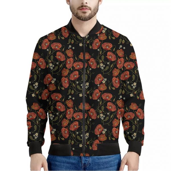 Embroidery Poppy Pattern Print Bomber Jacket